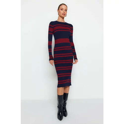 Trendyol Navy Blue Midi Knitwear Crewneck Striped Dress