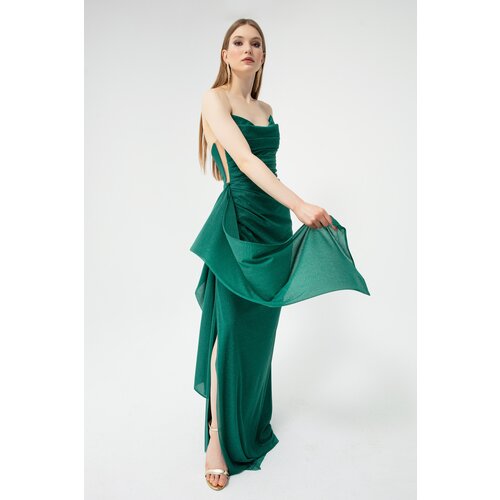 Lafaba Women&amp;#039;s Emerald Green Bust Draping with a Slit, Glittery Evening Dress. Slike