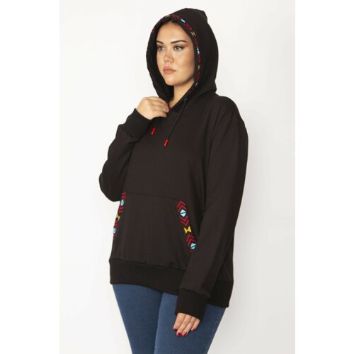 Şans Women's Plus Size Black Hooded Embroidery Detail Kangaroo Pocket Sweatshirt Slike