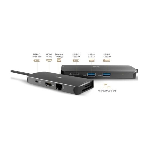 SiliconPower USB-C 8-in-1 Hub SR30, SD Card-reader, MicroSD Card Reader, 1x HDMI 4K, Gigabit LAN, 2x USB3.2 Gen.1 (up to 5Gbps), 2x USB-C (1x PD2.0 charging up to 100W), Cable 0.15m Cene