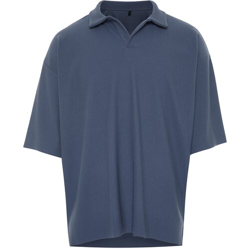 Trendyol Limited Edition Indigo Men's Oversize Short Sleeve Textured Wrinkle-Free Ottoman Seamless Polo Collar T-Shirt Cene