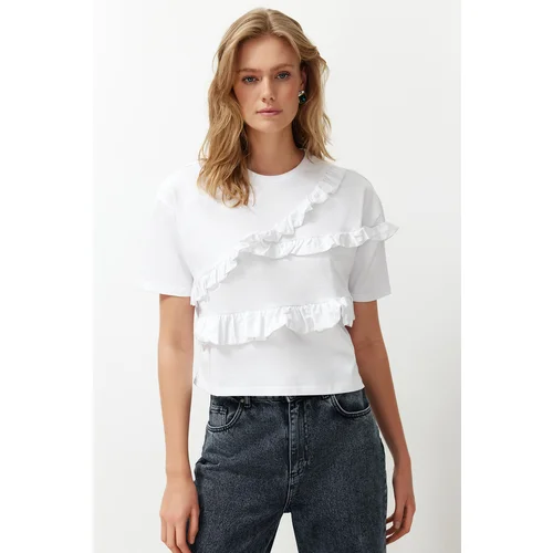 Trendyol White 100% Cotton Ruffle Detailed Relaxed/Comfortable Fit Short Sleeve Knitted T-Shirt