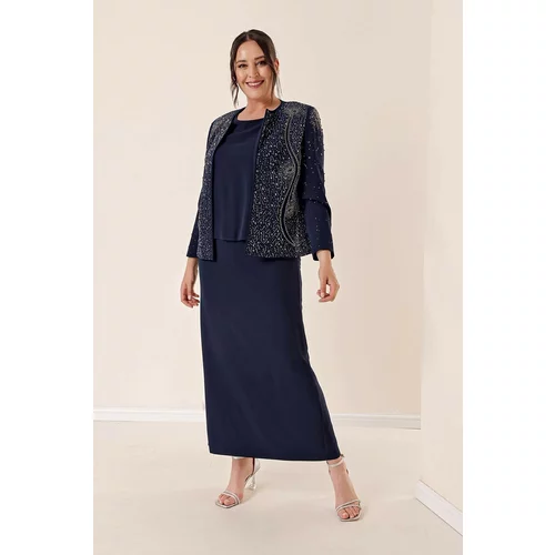 By Saygı Crepe With Beads Embroidered Lined Triple Plus Size Suite, Navy Blue