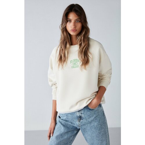 GRIMELANGE Adrıelle Relaxed Fit Embroidery Embroidered Knitted Crew Neck Ecru Sweatshirt Cene