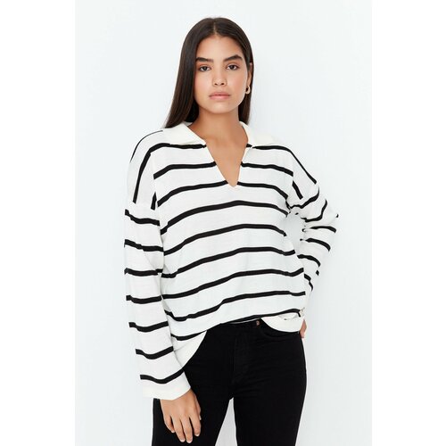 Trendyol Black Super Wide Fit Striped Knitwear Sweater Cene