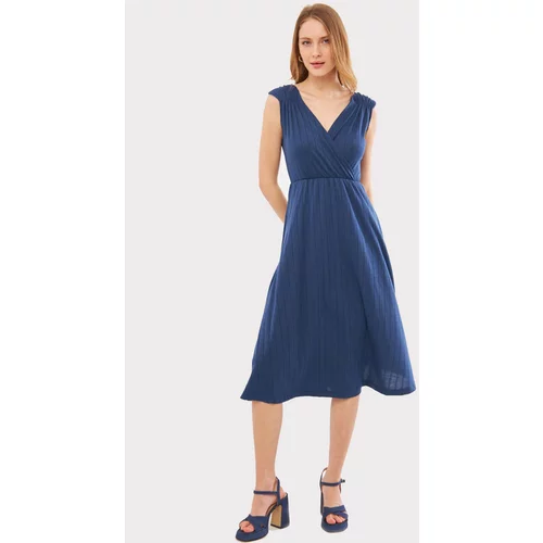 armonika Women's Dark Blue Elastic Waist And Shoulder Elastic Skirt Lined Double Breasted Neck Midi Length Dress