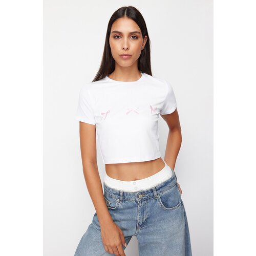 Trendyol White Bow Detailed Crop Short Sleeve Knitted T-Shirt Slike