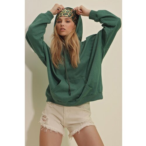 Trend Alaçatı Stili Women's Navy Green Hooded Kangaroo Pocket Two Thread Sweatshirt Cene