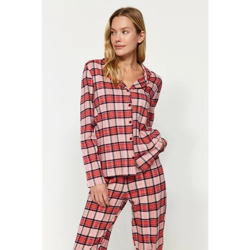 Trendyol Red 100% Cotton Plaid / Check Shirt-Pants Knitted Pajamas Set
