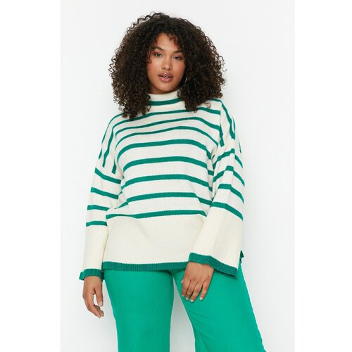 Trendyol Curve Green Striped Knitwear Sweater Slike