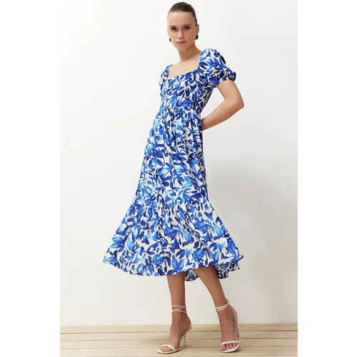 Trendyol Blue Floral Skater Gown Neck Detailed Shally Midi Woven Dress