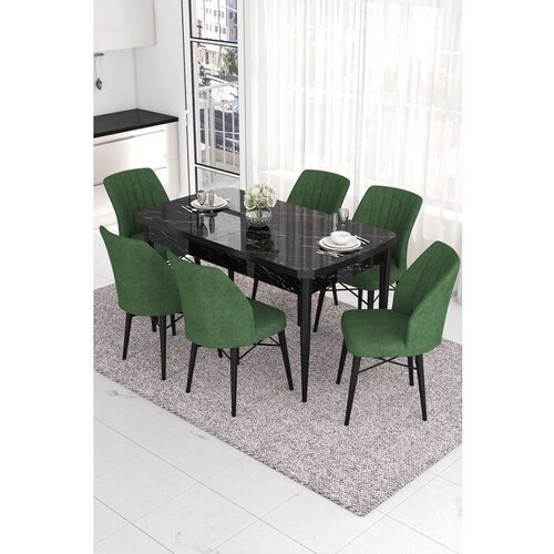 Hanah home Eva - Black Marble, Khaki Black MarbleKhaki Extendable Dining Table & Chairs Set (7 Pieces) Cene