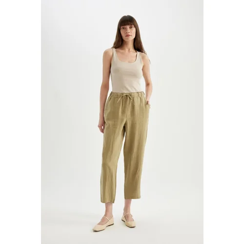  High Waist Short Leg Linen Trousers with Jogger Pockets