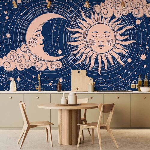  Foto tapeta - Cosmic Harmony - Illustration of the Sun and Moon on a Navy Background 300x210 Vodootporna Cene