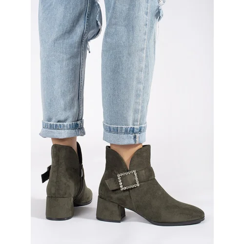 Shelvt Dark green suede women's ankle boots with silver buckle