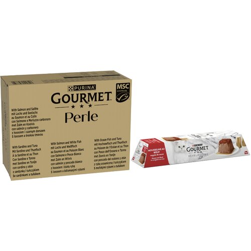 MEGA pakiranje Gourmet Perle 96 x 85 g - Perle 96 x 85 g Losos i bijela riba, sardina i tuna, losos i crni bakalar, morska riba i tuna + Mousse Govedina 12 x 57 g Slike