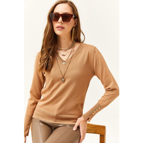 Olalook Women&amp;#039;s Camel V-Neck Cuff Slit Buttoned Knitwear Sweater Slike