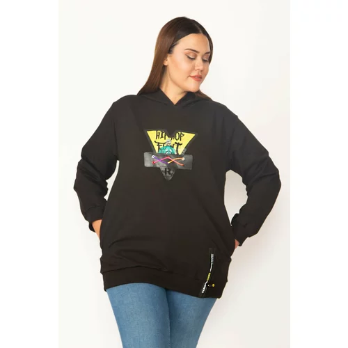 Şans Women's Plus Size Black Digital Print And Hooded Detailed Sweatshirt with Side Pockets