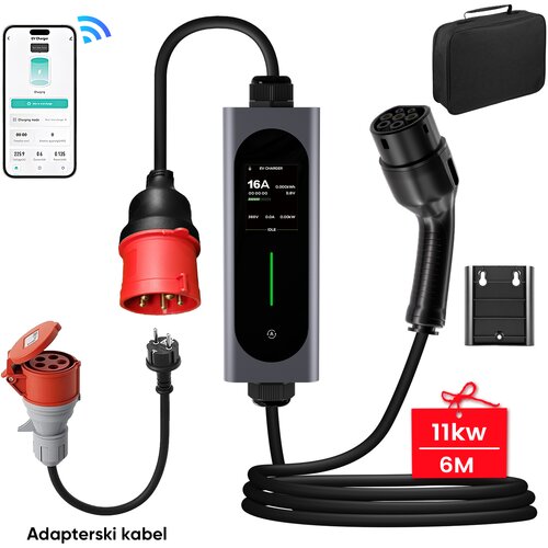 JUNSUN Tip 2 EV električni avtomobilski polnilni kabel &ndash; 11kW, nastavljiv tok, LCD zaslon, prenosni polnilnik 6 m z vtičem Schuko 6-16A IP67 Wi-Fi Bluet, (5000156339) Cene