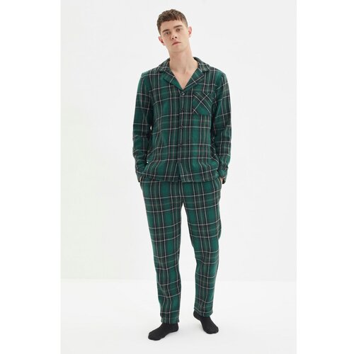 Trendyol green men's regular fit plaid woven pajamas set Slike