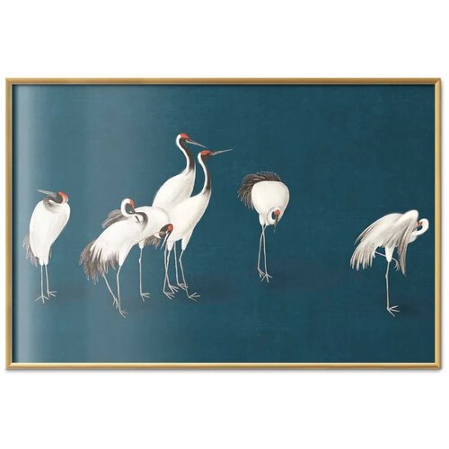  Plakat - Evening at the Pond - group of cranes drawn in dry pastel on a dark turquoise background 60x40 Zlatni okvir Slike