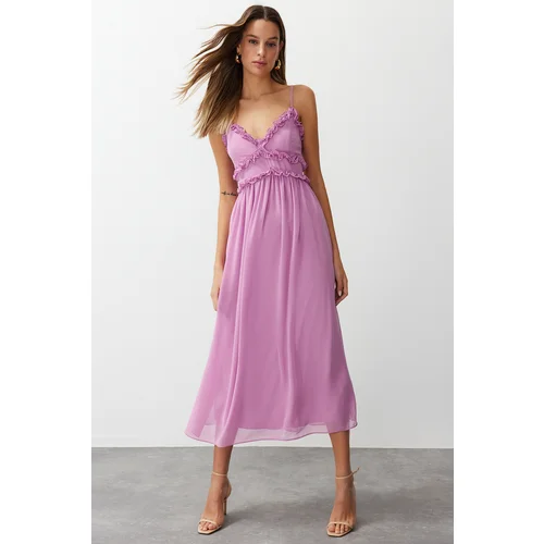 Trendyol Fuchsia A-Line Ruffle Detailed Lined Chiffon Maxi Woven Dress