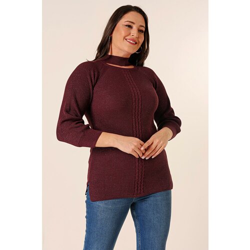 By Saygı Low-cut Neck Braided Pattern Plus Size Sports Tunic Sweater Cene
