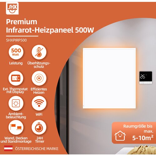 SHX PIRP500 Infracrveni grijac WIFI s upravljanjem putem aplikacije, 500 W za prostorije od 5-10 m&amp;sup2;, montaža na zid i Slike
