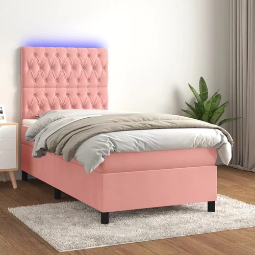 vidaXL Box spring postelja z vzmetnico LED roza 90x200 cm žamet