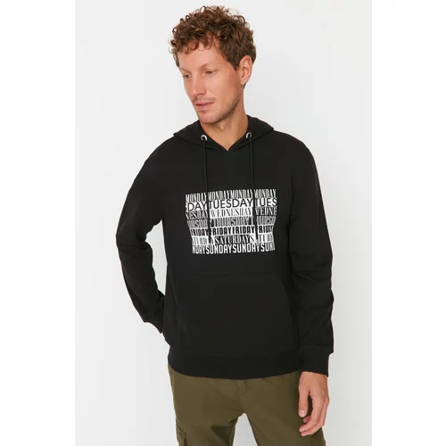 Trendyol Black Men Regular Fit Slogan Printed Hoodie Sweatshirt