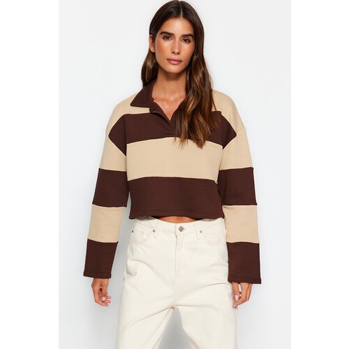 Trendyol Brown Color Block Polo Neck Relaxed Cut Crop Thick Knitted Sweatshirt Slike