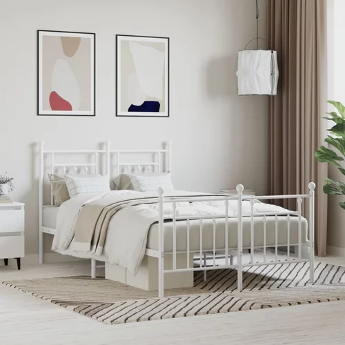 vidaXL Kovinski posteljni okvir z vzglavjem in vznožjem bel 135x190 cm