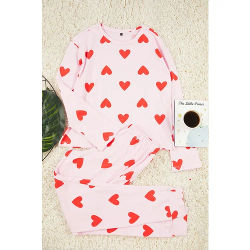 Trendyol Pink 100% Cotton Heart Knitted Pajama Set