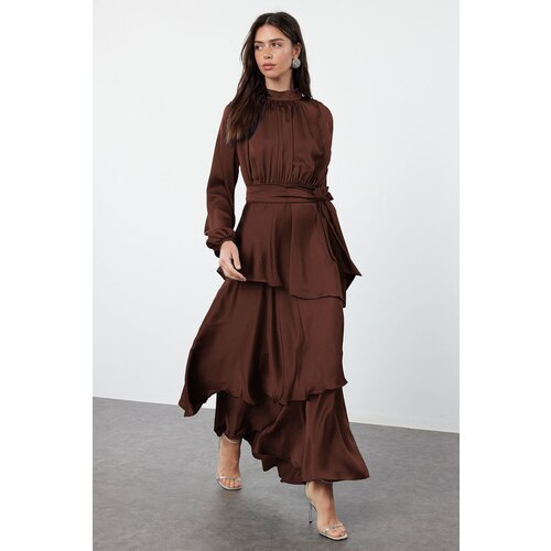 Trendyol Brown Skirt Tiered Satin Woven Evening Dress/Night Dress Slike