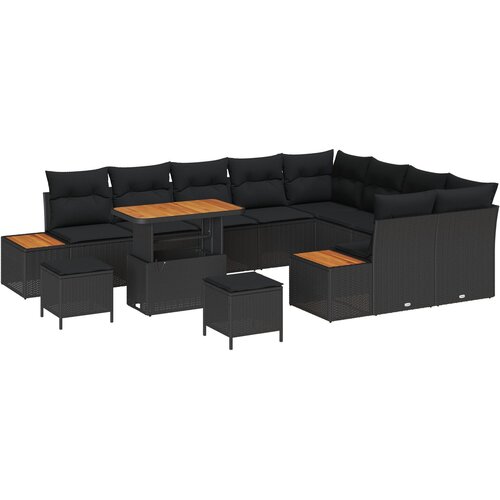 VidaXL set vrtnih kauča s 12 dijelova i jastučićima Crni poly rattan akacija, set vrtne blagovaonice s 3 dijela i jastučićima Crni poly rattan akacija Slike