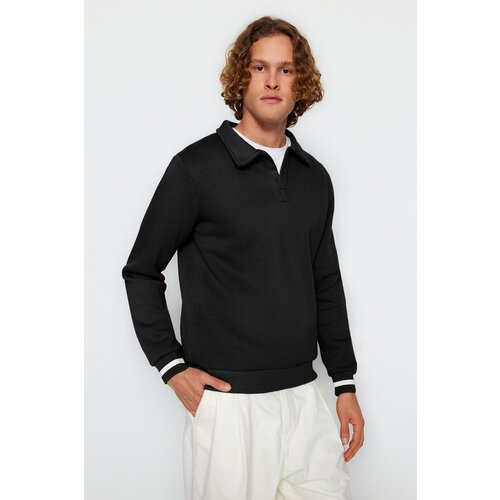 Trendyol Black Men's Oversize Buttoned Polo Collar with Striped Sleeves, Thick Pile inside, Sweatshirt. Cene