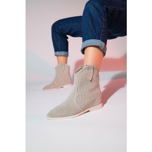 LuviShoes LOIVOS Women's Beige Suede Genuine Leather Perforated Hidden Heel Summer Boots Slike