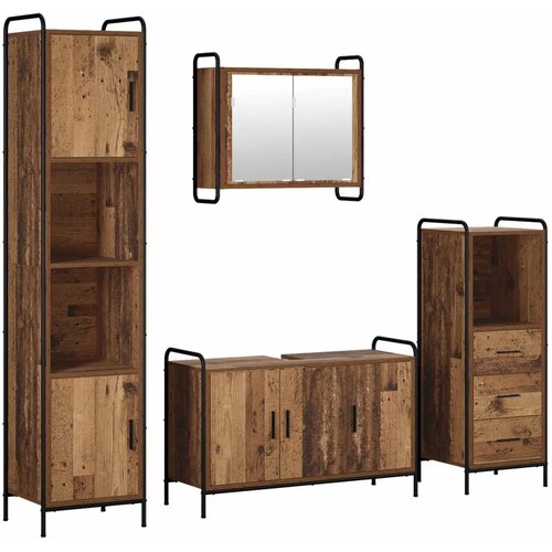  Set ormarića za kupaonicu 4 kom. Staro drvo 40 x 36 x 181 cm - Staro drvo Ormar ispod sudopera (3 vrata) + viseći ormar + kupaon Slike