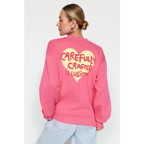 Trendyol Pink Thick Fleece Inside With Relief Print On The Chest And Back, Oversized Knitted Sweatshirt Slike