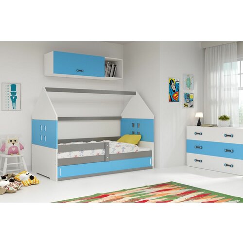 Domi drveni dečiji krevet 1 sa prostorom za odlaganje - 160X80Cm - plavi - beli - sivi Slike