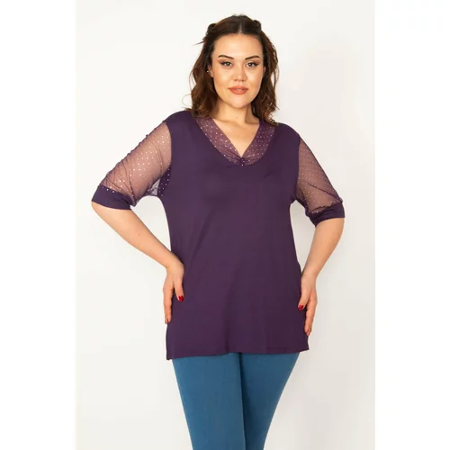 Şans Women's Plus Size Damson Sleeve And Collar Tulle And Stone Detailed Blouse
