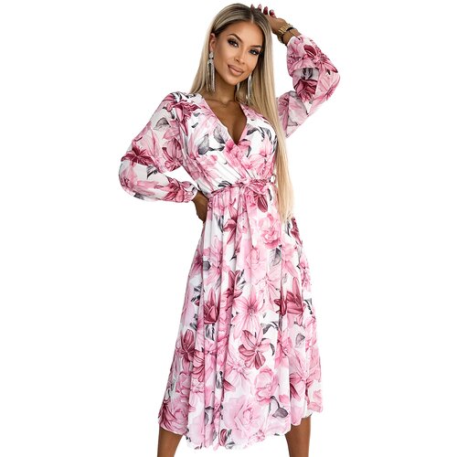 NUMOCO Chiffon midi dress with long sleeves and neckline - white with pale pink flowers Slike