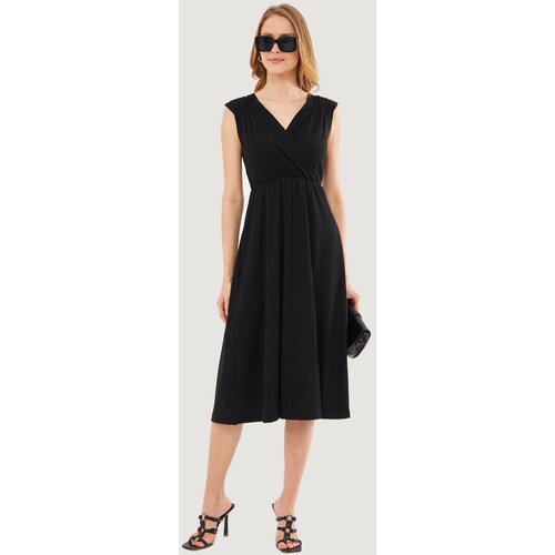 armonika Women's Black Lined Double Breasted Neck Midi Length Dress With Elastic Waist And Shoulder Skirt Slike