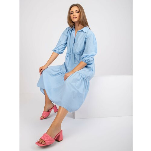 Fashion Hunters RUE PARIS light blue cotton midi dress with a frill Slike