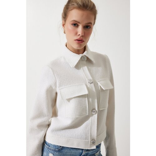  Women&amp;#039;s Off-White Stylish Buttoned Woven Tweed Jacket with Pockets Slike