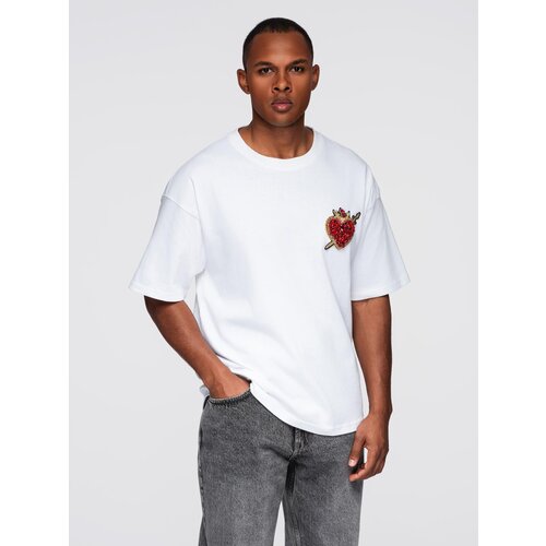 Ombre Men&amp;#039;s cotton t-shirt with jewelry applique on chest - off white Slike