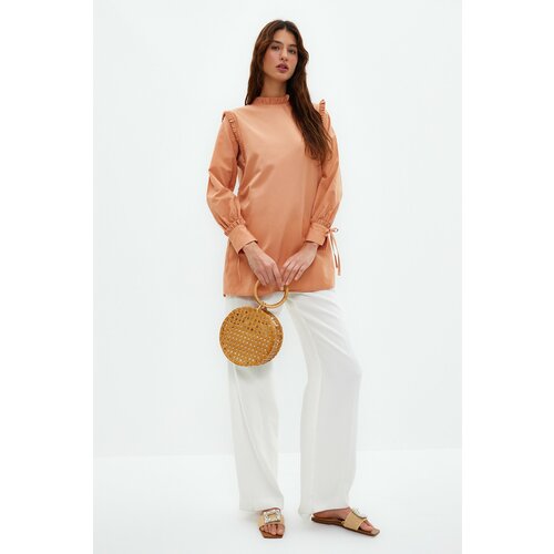 Trendyol Camel Shoulder and Cuff Frilly Woven Cotton Tunic Slike