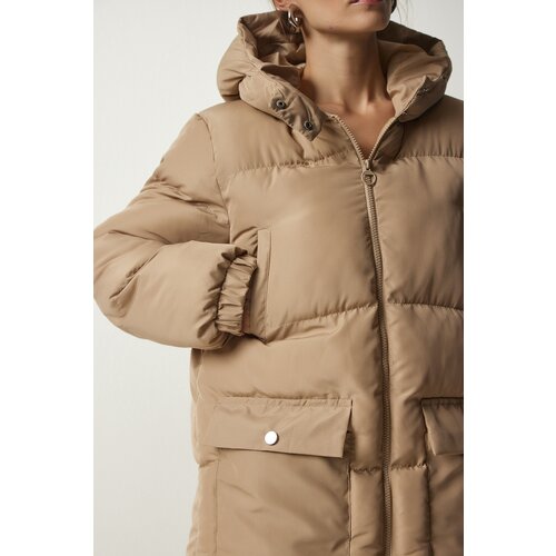  Women's Beige Hooded Down Jacket Cene