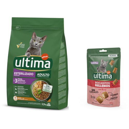  2,5 kg Ultima + 60 g Ultima Snacks punjeni zalogajčići s govedinom gratis! - Sterilized Adult piletina Slike