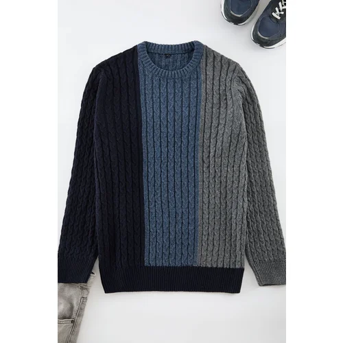 Trendyol Indigo Men's Crew Neck Hair Knit Paneled Knitwear Sweater